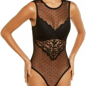 Brand New INC Black Cupped Bra Floral Lace Swiss Dot Thong Bodysuit Back Cutout